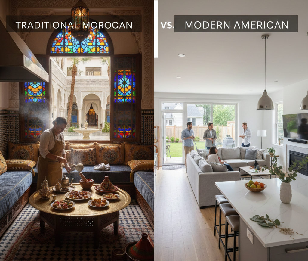 Comparison of traditional Moroccan salon and modern American living room by Elmehdi Nader