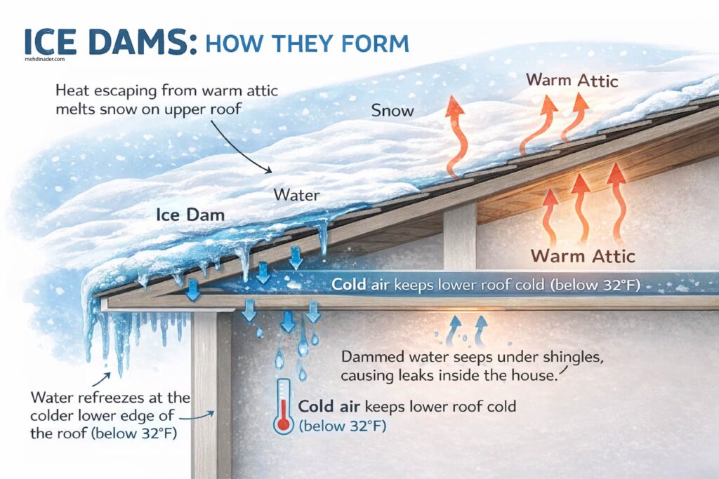 The $20,000 Icicle: A Contractor’s Guide to Ice Dams and Your Massachusetts Home Diagram of how ice dams form on Massachusetts roofs due to attic heat loss and poor ventilation.